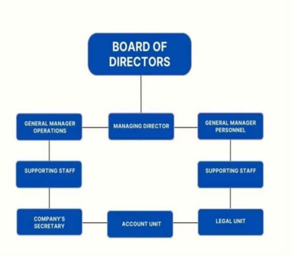 SIDC organizational chart: Board of Directors overseeing the Managing Director, General Manager Operations and General Manager Personnel, supported by the Company Secretary, Account Unit and Legal Unit